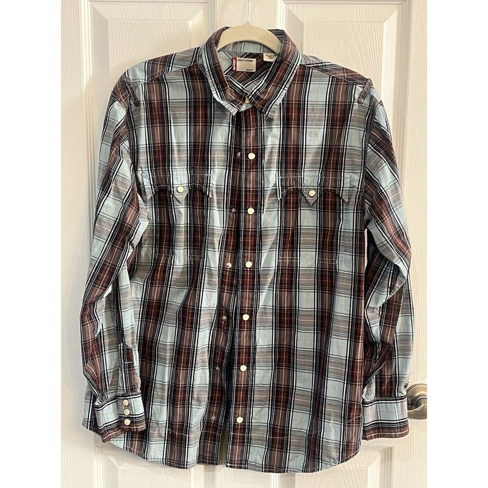 Levis Shirt Men's Large Blue Plaid Pearl Snap Long Sleeve Western Modern Fit MED